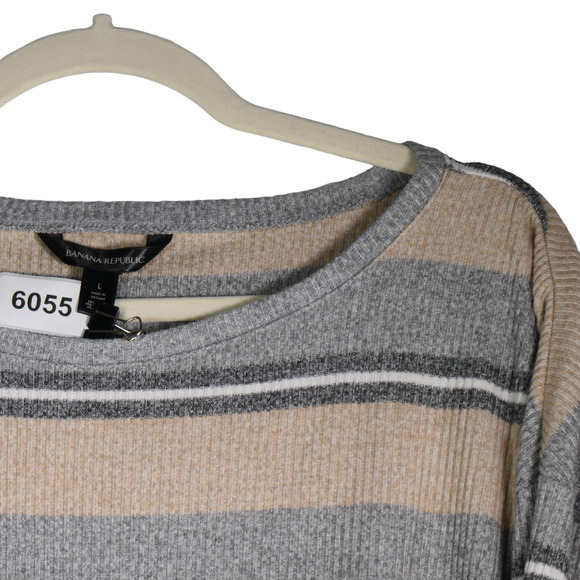 Banana Republic Sweater Women Large Brown Gray Ribbed Stretch Striped Cozy Chic - Picture 3 of 6